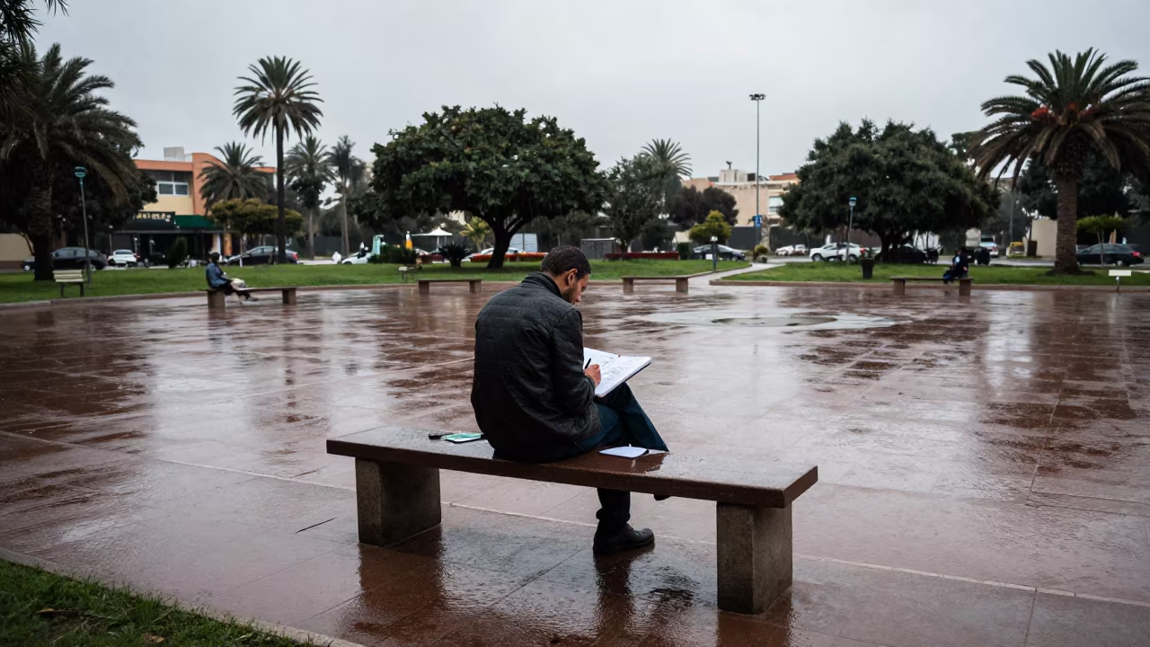 Artist Sketching in Wet Asmara Park Rain in in Asmara