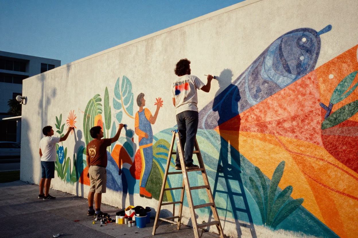 Artists Painting Street Mural in Miami Florida During Late Afternoon Light in in Miami, Florida, United States