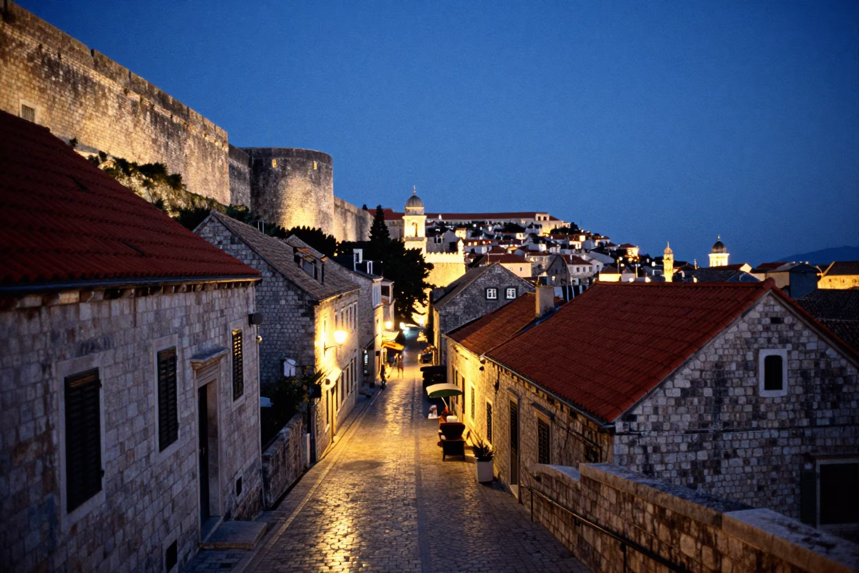 As City Lights Begin To Glow on 1980s Photography in Dubrovnik in in Dubrovnik, Croatia