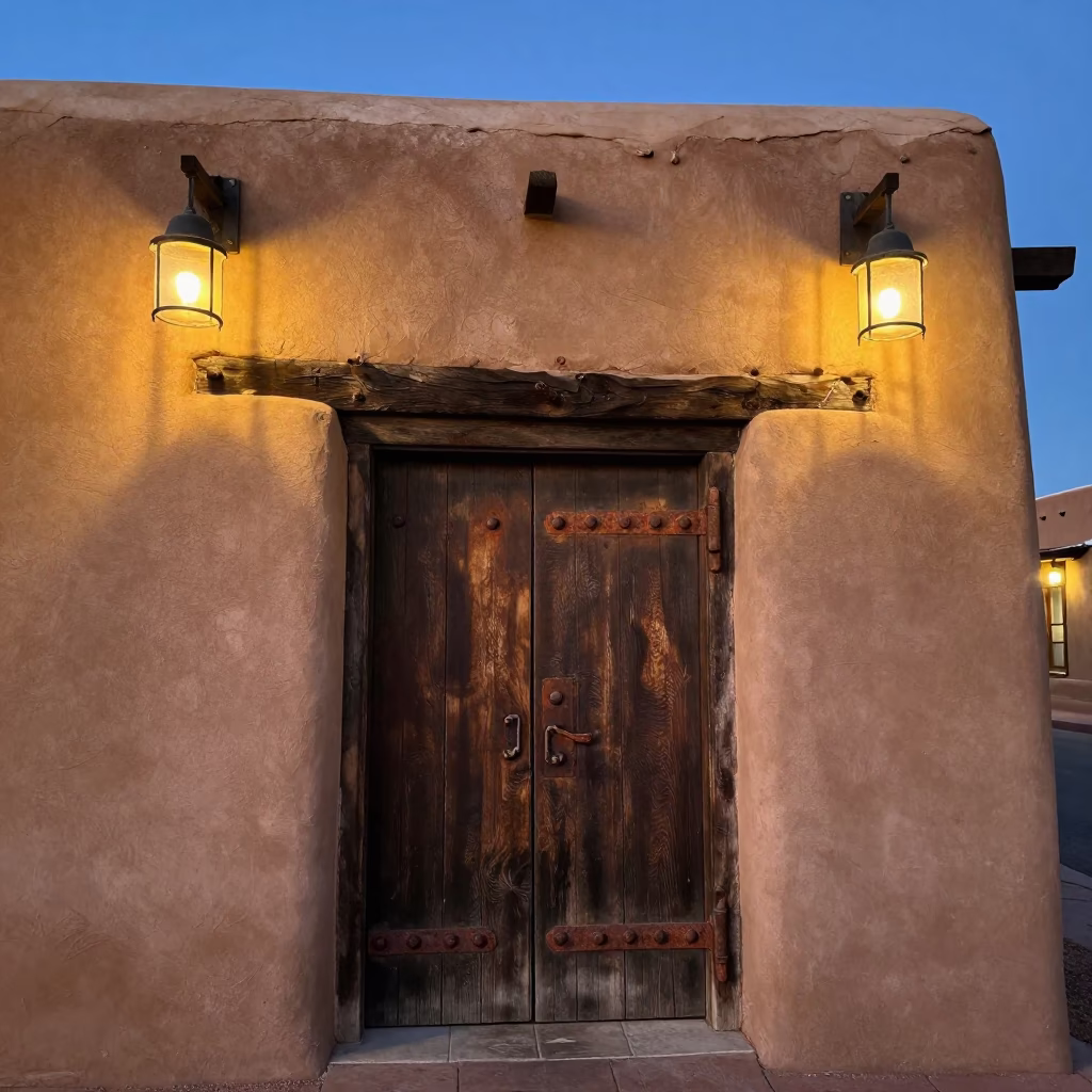 As City Lights Begin To Glow on Adobe Exterior in Santa Fe in in Santa Fe, New Mexico, United States
