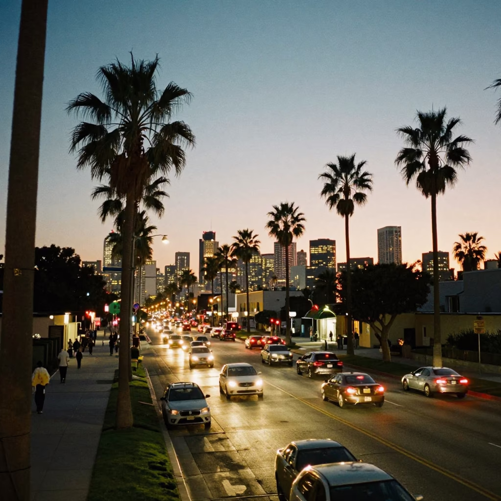 As City Lights Begin To Glow on Busy Boulevard in Los Angeles in in Los Angeles, California, United States