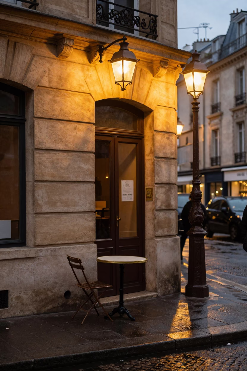 As City Lights Begin To Glow on Cafe Terrace in Paris in in Paris, France