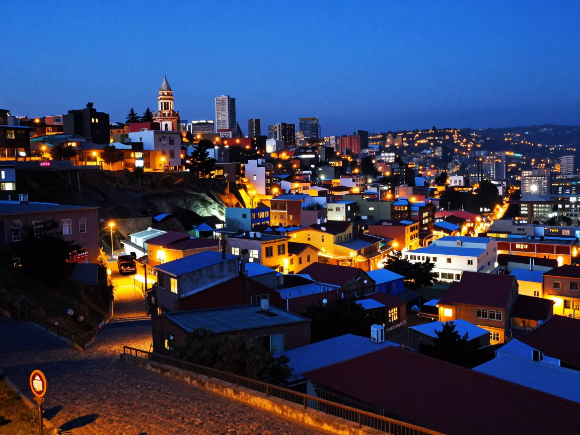 As City Lights Begin To Glow on Candid Moment in Valparaiso in in Valparaiso, Chile