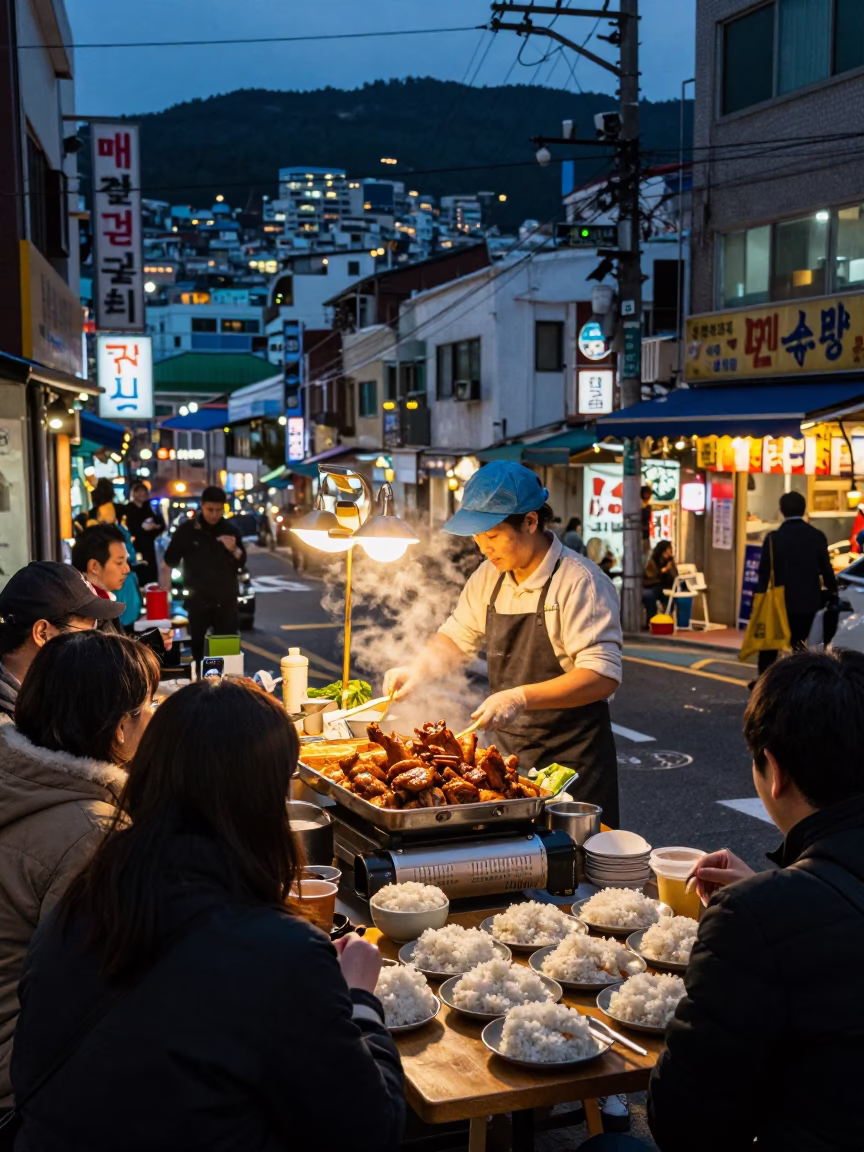 As City Lights Begin To Glow on Chicken Adobo in Busan in in Busan, South Korea