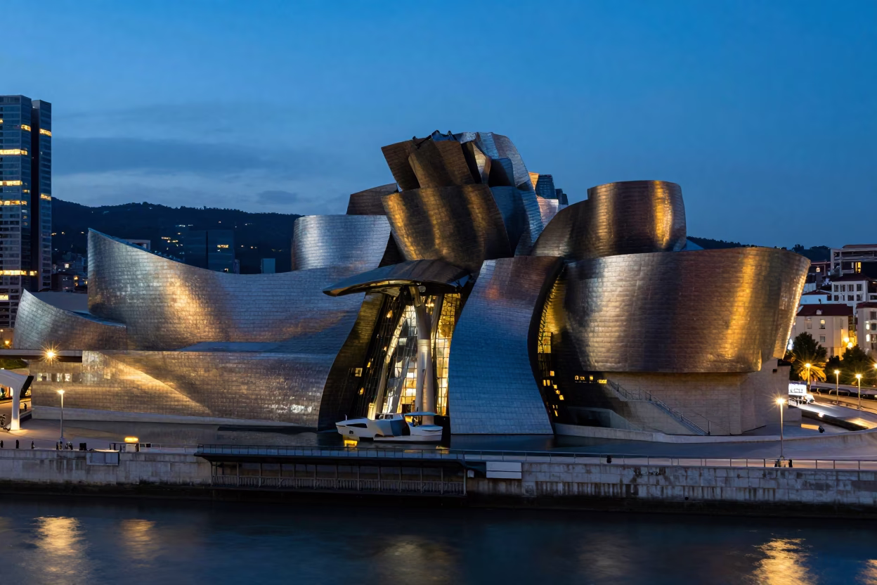As City Lights Begin To Glow on City Lights Glowing in Bilbao in in Bilbao, Spain