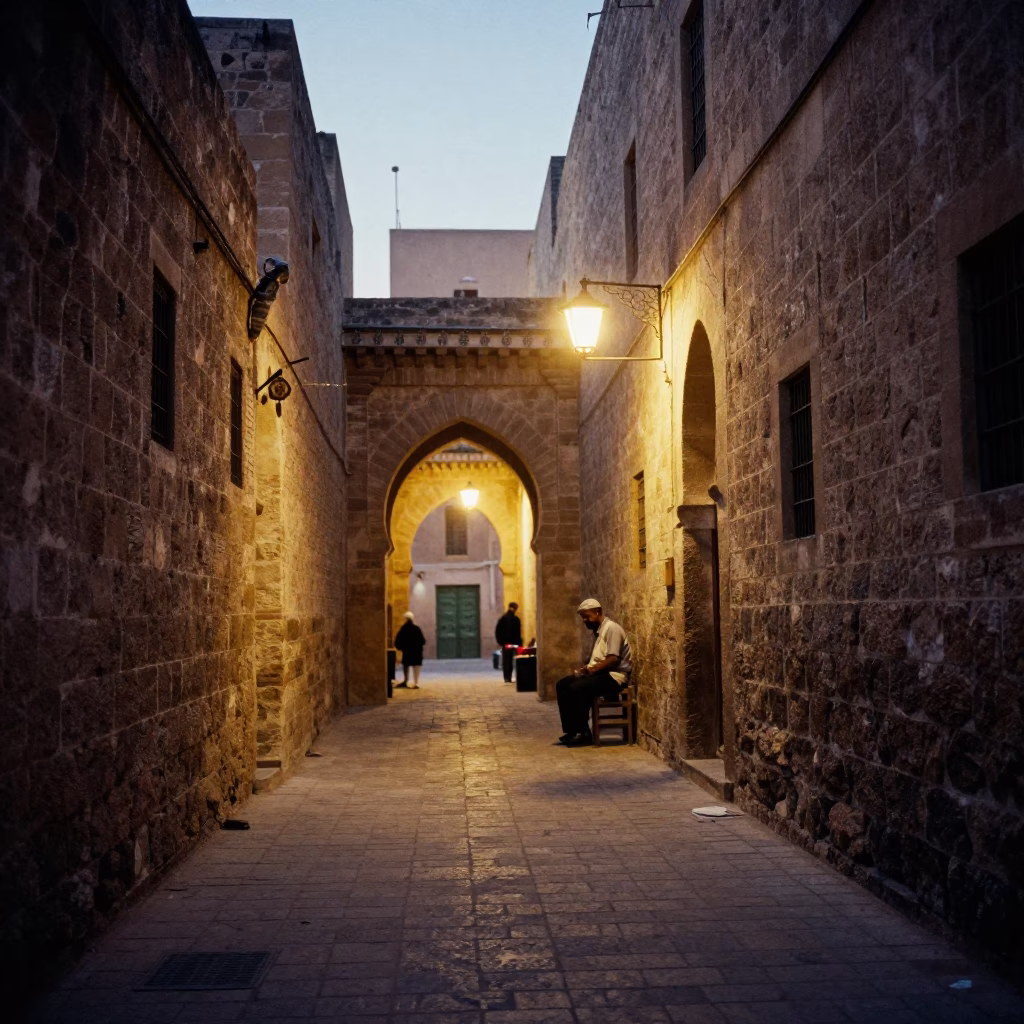 As City Lights Begin To Glow on Cloister Walkway in Fez in in Fez, Morocco