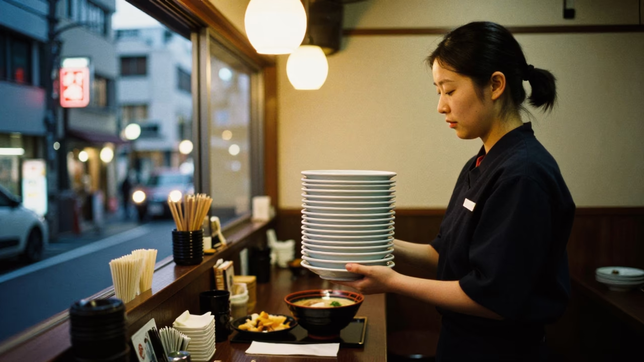 As City Lights Begin To Glow on Diner Scene in Osaka in in Osaka, Japan