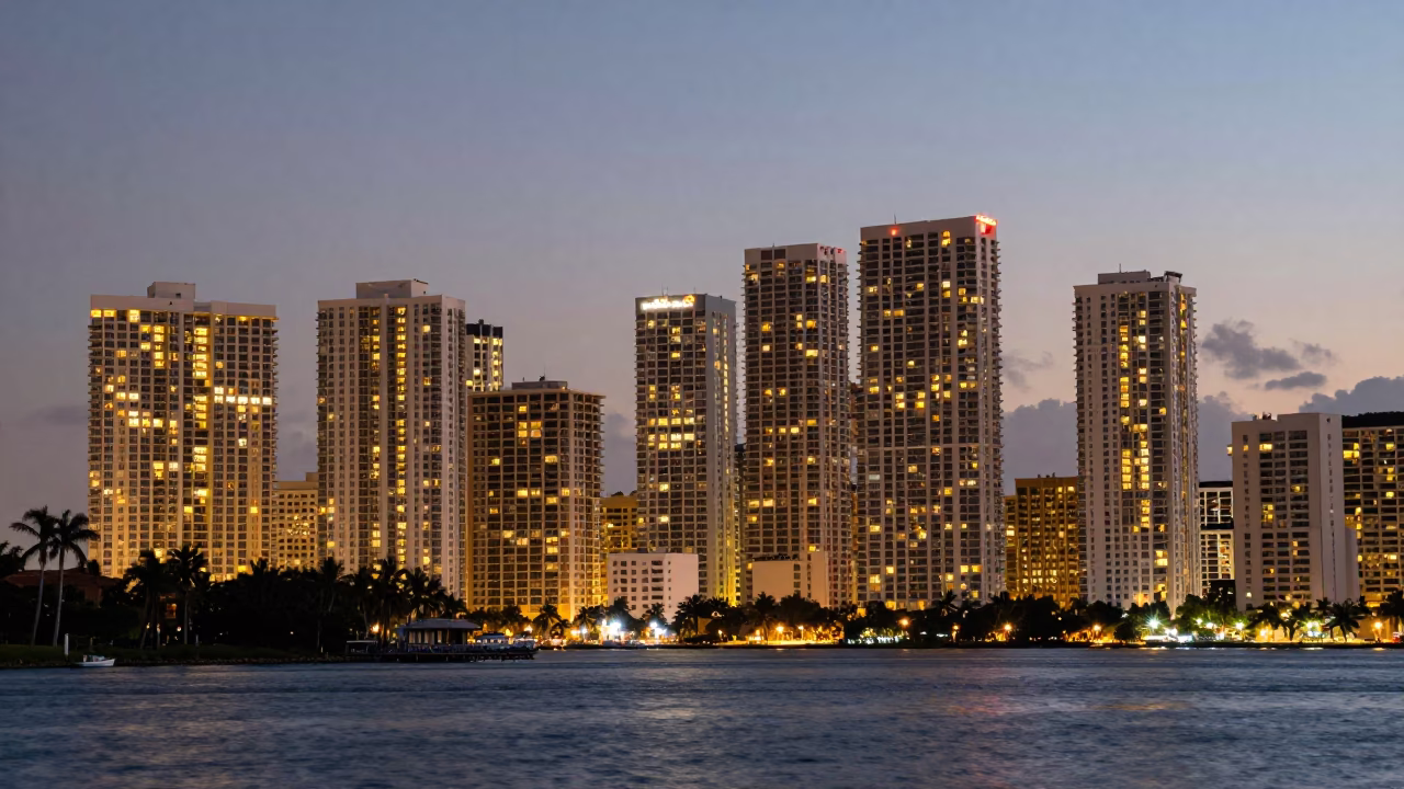 As City Lights Begin To Glow on Estuary Water in Miami in in Miami, Florida, United States