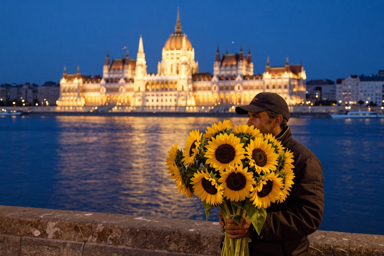 As City Lights Begin To Glow on Evening Scene in Budapest in in Budapest, Hungary