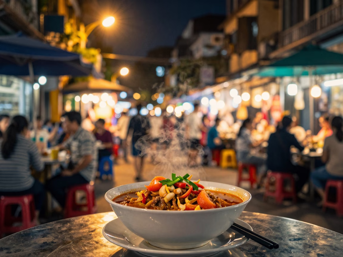 As City Lights Begin To Glow on Food Stall in Hanoi in in Hanoi, Vietnam
