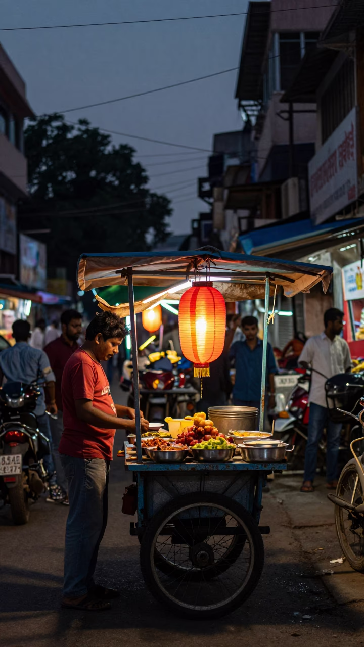 As City Lights Begin To Glow on Food Stall in Hyderabad in in Hyderabad, India