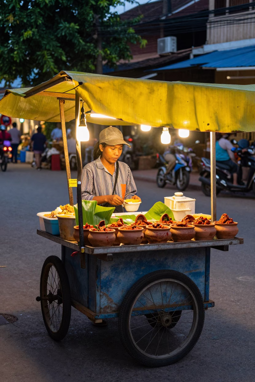 As City Lights Begin To Glow on Food Stall in Luang Prabang in in Luang Prabang, Laos
