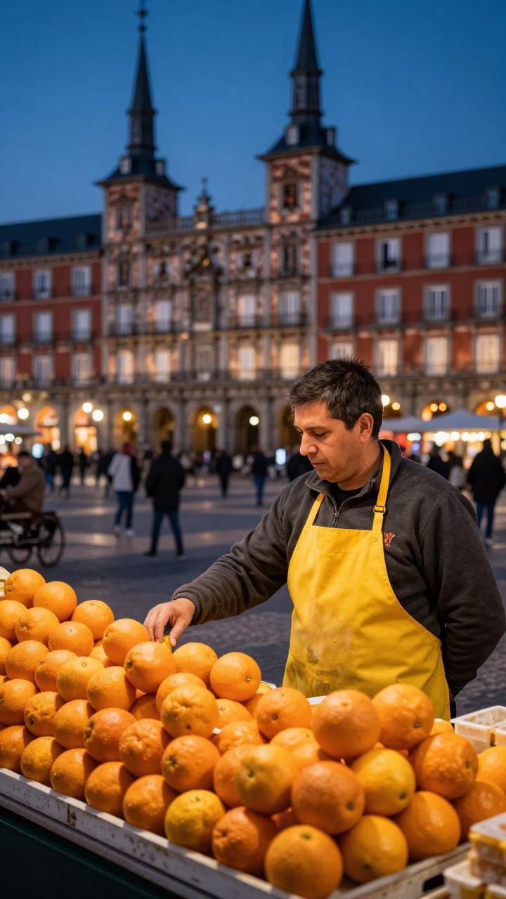 As City Lights Begin To Glow on Food Stall in Madrid in in Madrid, Spain