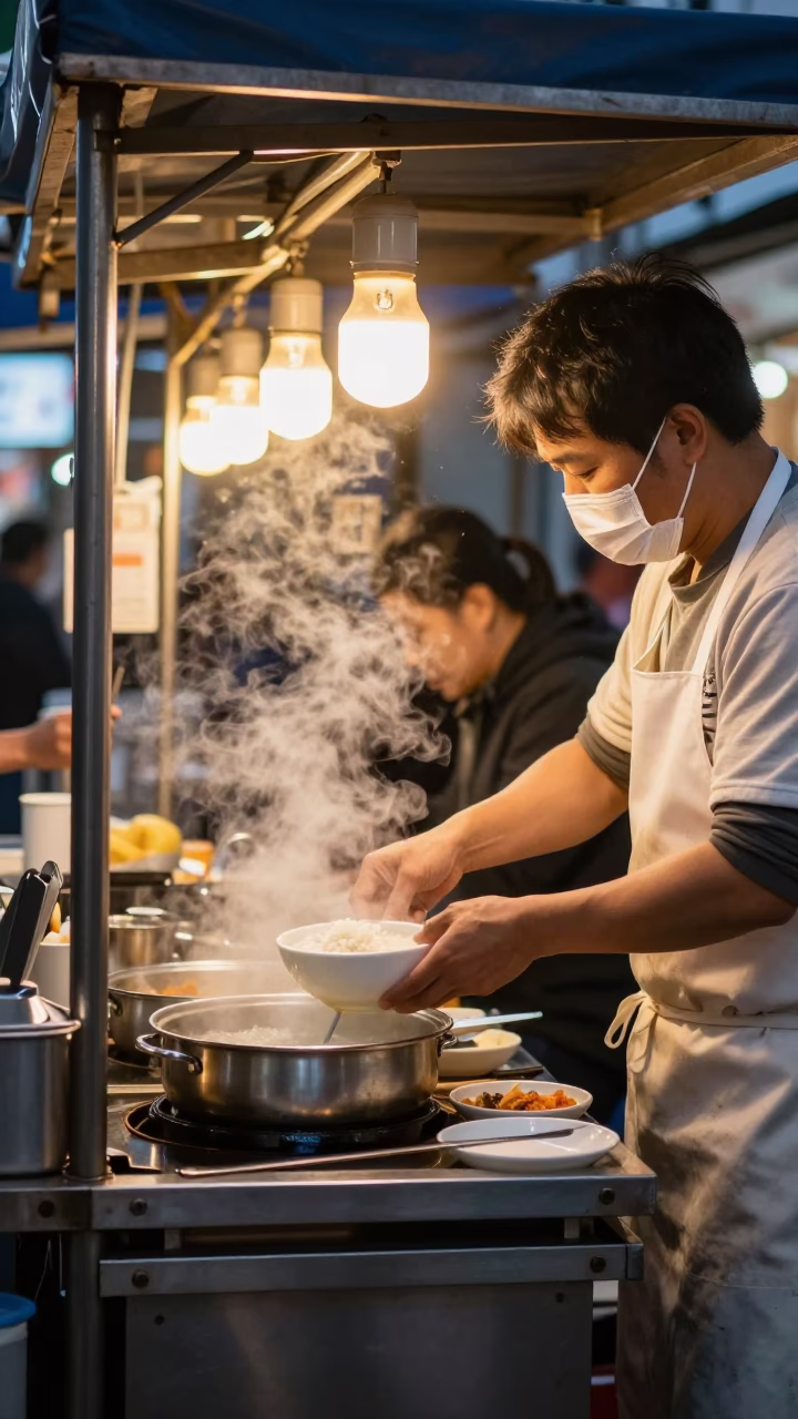 As City Lights Begin To Glow on Food Stall in Seoul in in Seoul, South Korea