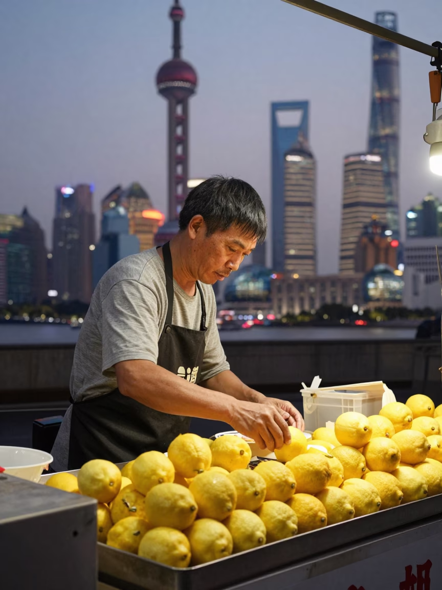 As City Lights Begin To Glow on Food Stall in Shanghai in in Shanghai, China