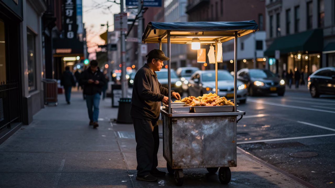 As City Lights Begin To Glow on Food Vendor in New York in in New York, New York, United States