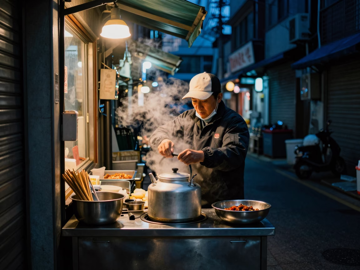 As City Lights Begin To Glow on Food Vendor in Seoul in in Seoul, South Korea
