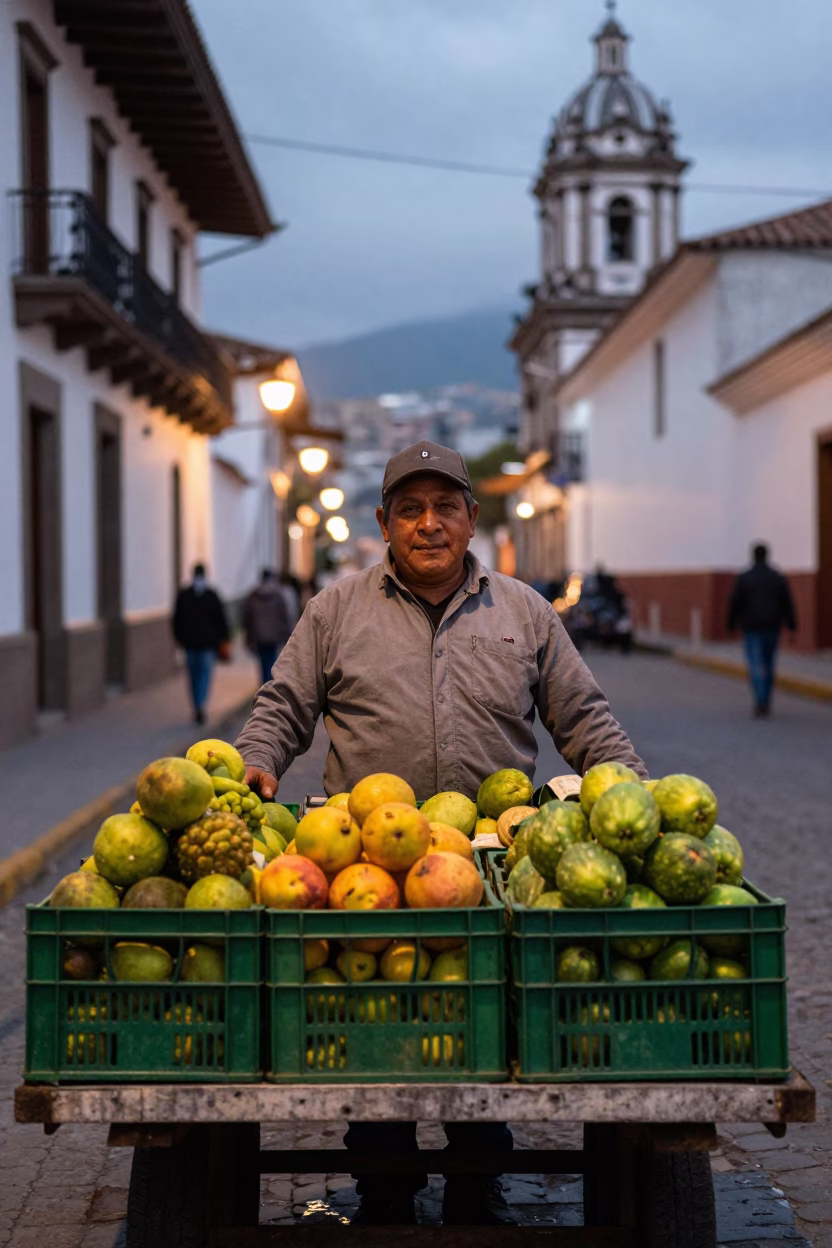 As City Lights Begin To Glow on Fruit Crates in Quito in in Quito, Ecuador