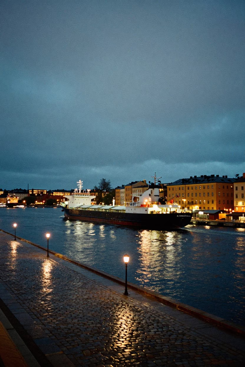 As City Lights Begin To Glow on Guiding Tanker in Stockholm in in Stockholm, Sweden