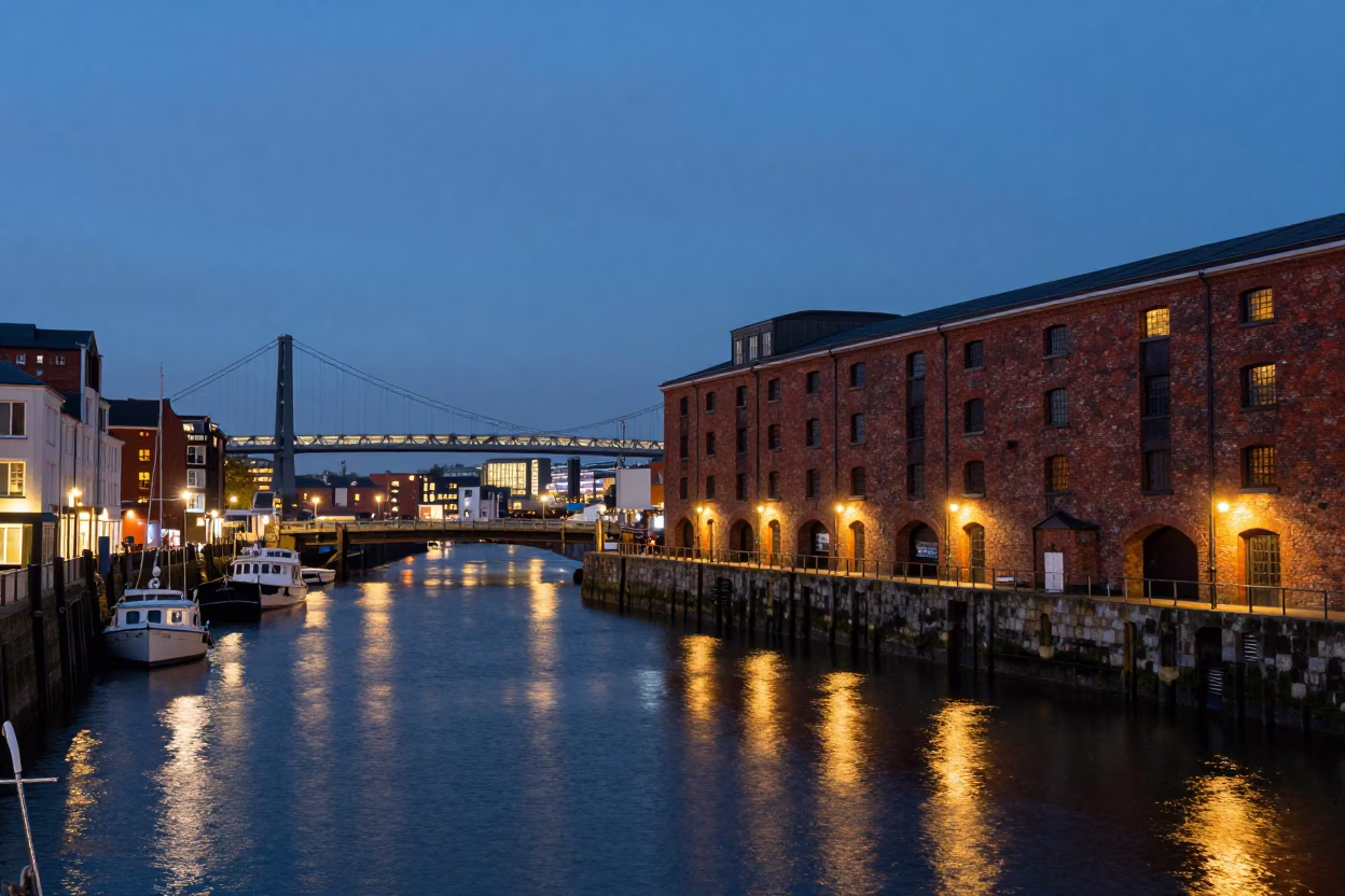As City Lights Begin To Glow on Harbourside in Bristol in in Bristol, United Kingdom