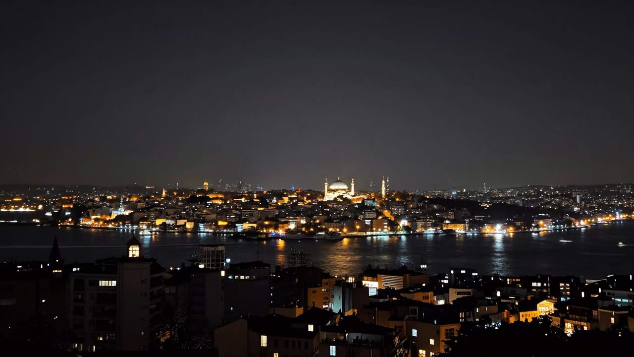 As City Lights Begin To Glow on Horizon Shot in Istanbul in in Istanbul, Turkey