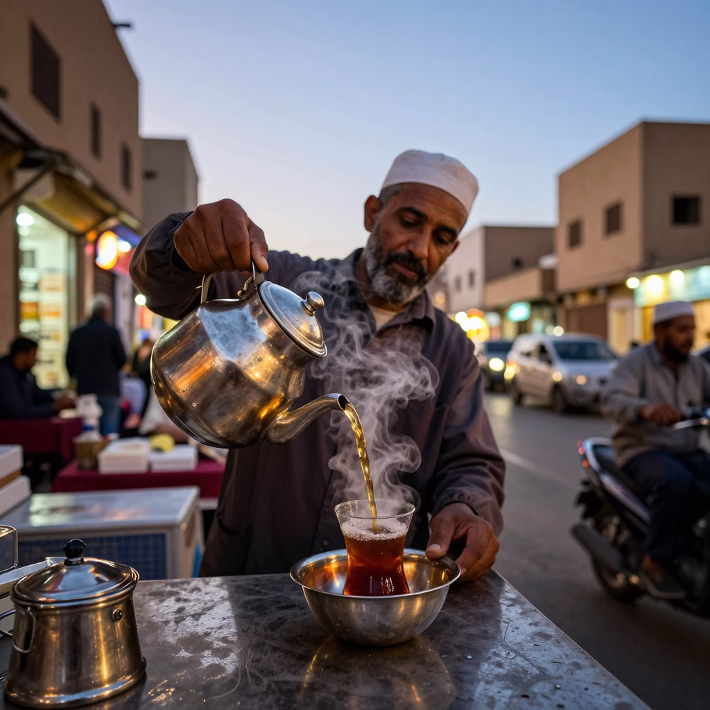As City Lights Begin To Glow on Hot Tea in Casablanca in in Casablanca, Morocco