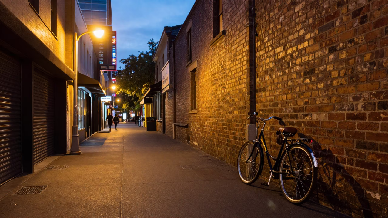As City Lights Begin To Glow on Laneway Scene in Melbourne in in Melbourne, Victoria, Australia