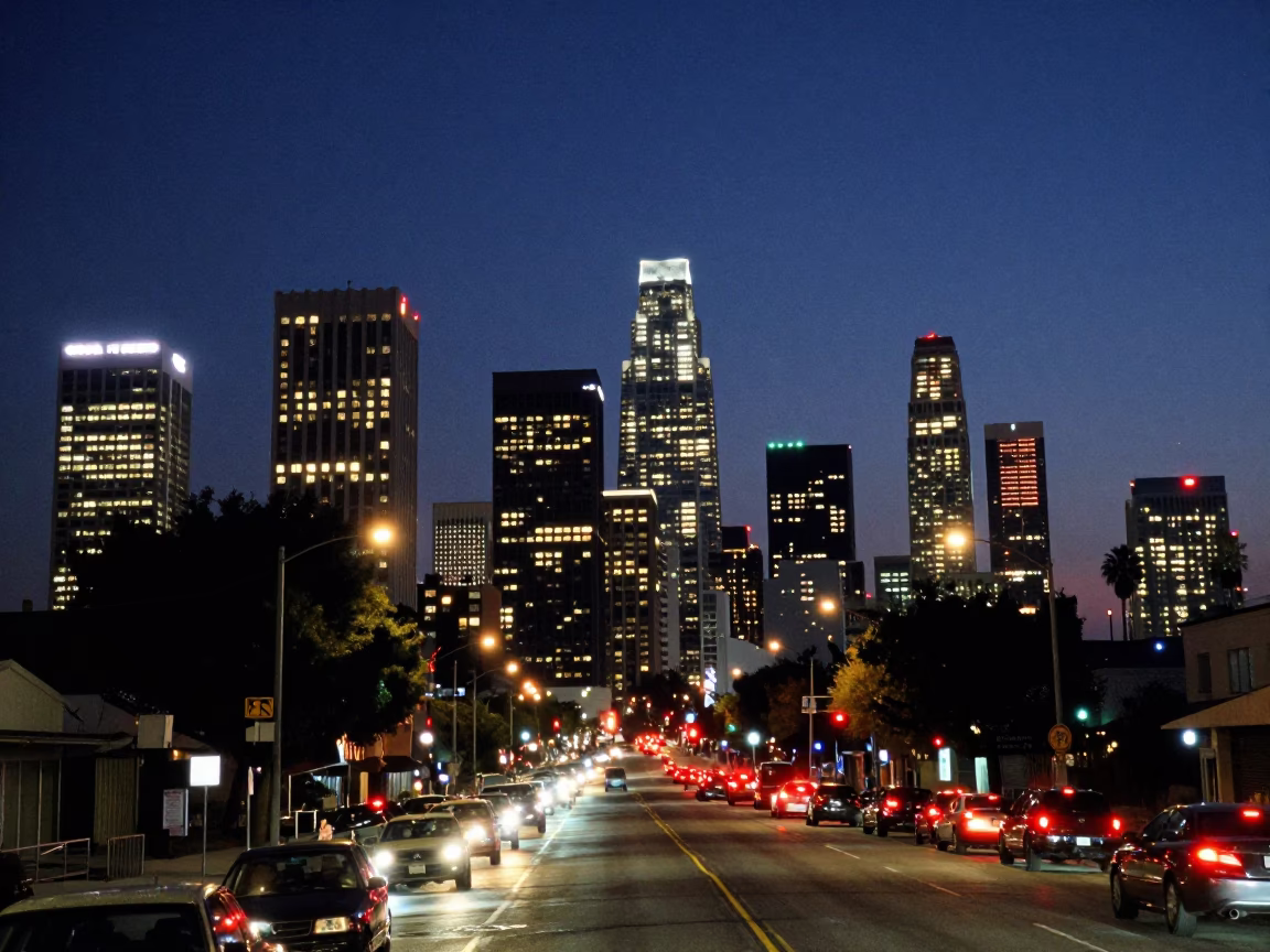 As City Lights Begin To Glow on Lights Glow in Los Angeles in in Los Angeles, California, United States