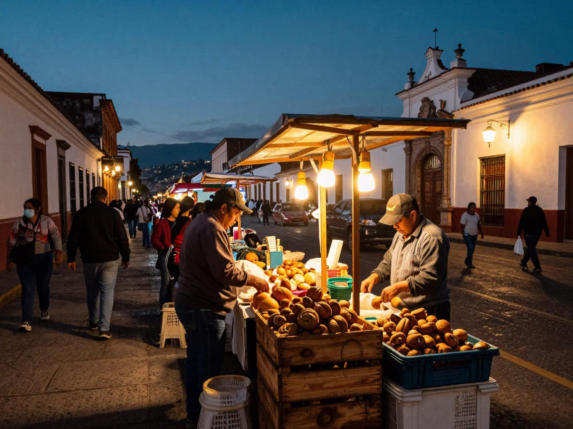 As City Lights Begin To Glow on Market Scene in Quito in in Quito, Ecuador