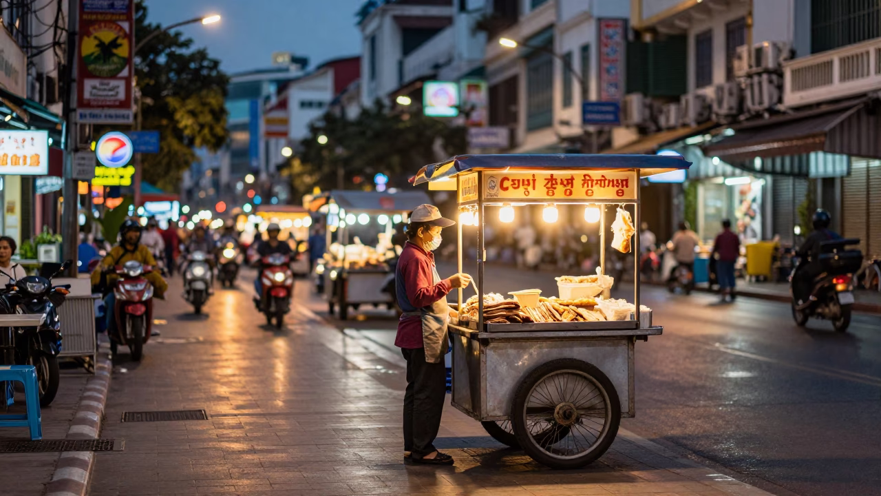 As City Lights Begin To Glow on Meat Skewers in Ho Chi Minh City in in Ho Chi Minh City, Vietnam