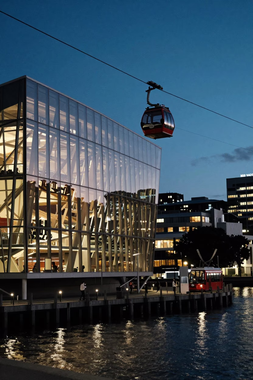 As City Lights Begin To Glow on Museum Exterior in Wellington in in Wellington, New Zealand