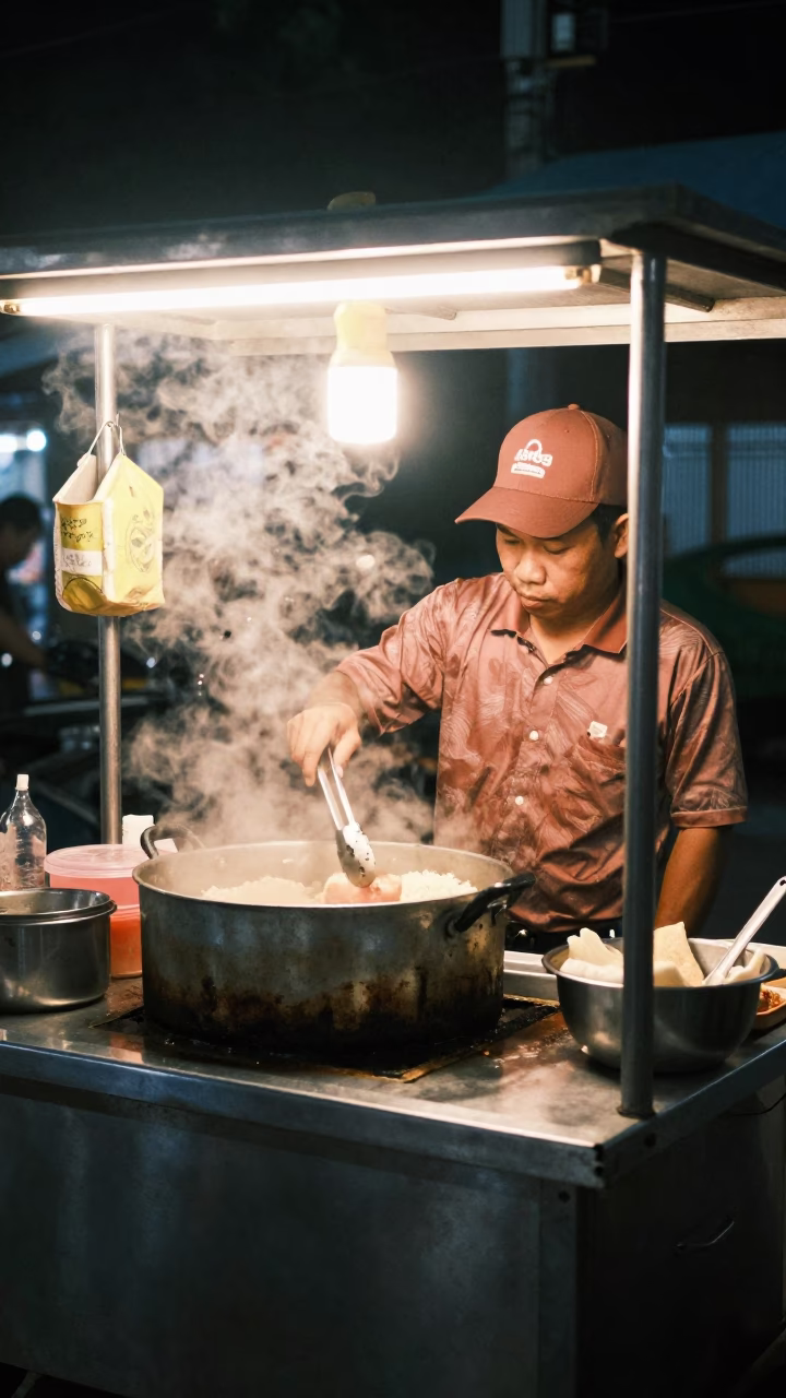 As City Lights Begin To Glow on Pork Skewers in Chiang Mai in in Chiang Mai, Thailand