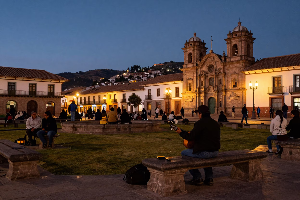 As City Lights Begin To Glow on Scene Evening in Cusco in in Cusco, Peru