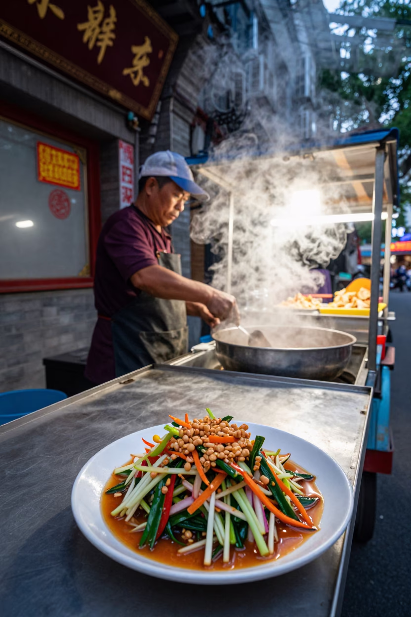 As City Lights Begin To Glow on Serving Gado-Gado in Beijing in in Beijing, China