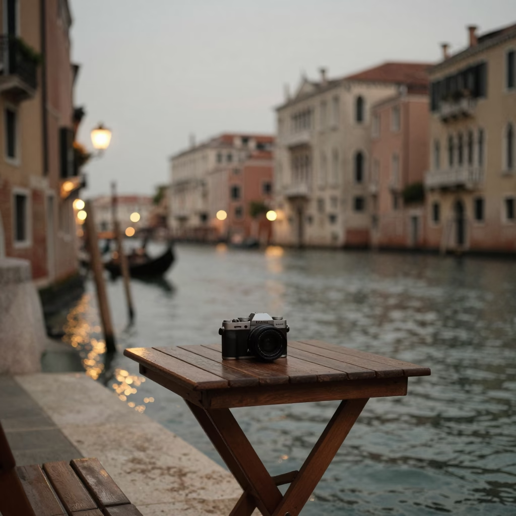 As City Lights Begin To Glow on Side Cafe in Venice in in Venice, Italy