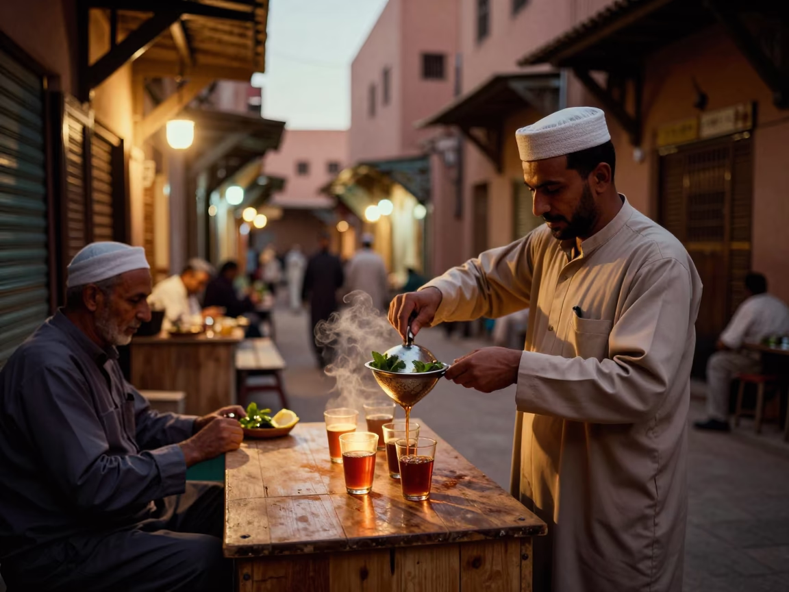 As City Lights Begin To Glow on Souk Night in Marrakech in in Marrakech, Morocco
