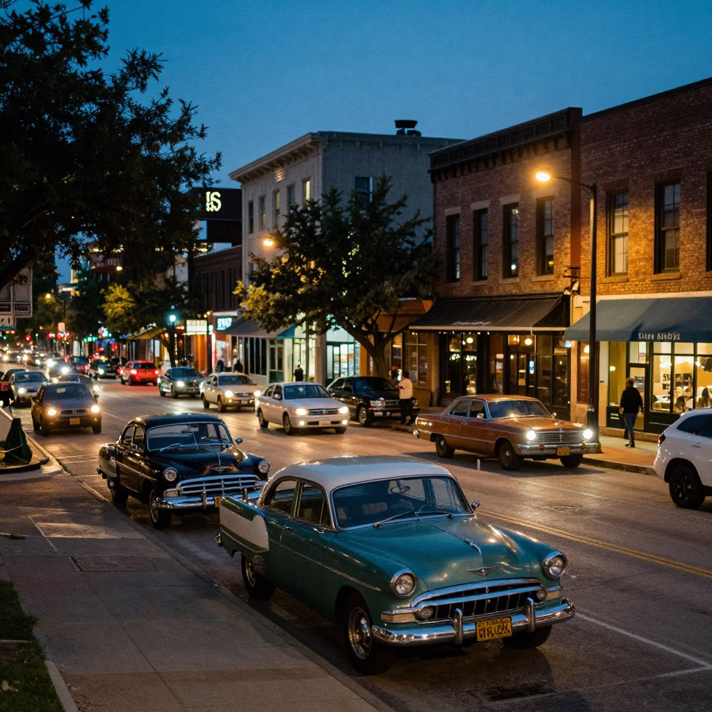 As City Lights Begin To Glow on Street Corner in Austin in in Austin, Texas, United States