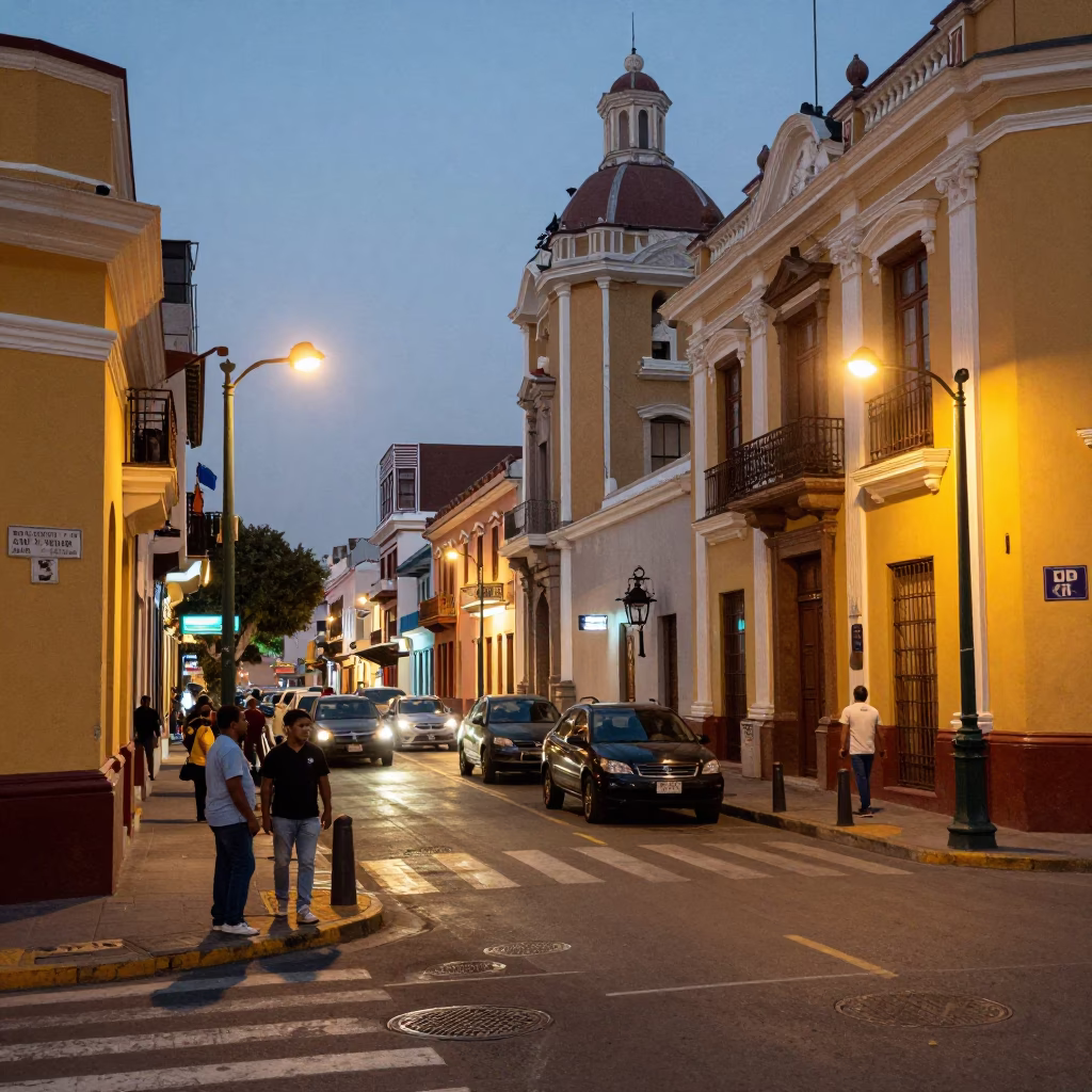 As City Lights Begin To Glow on Street Corner in Lima in in Lima, Peru