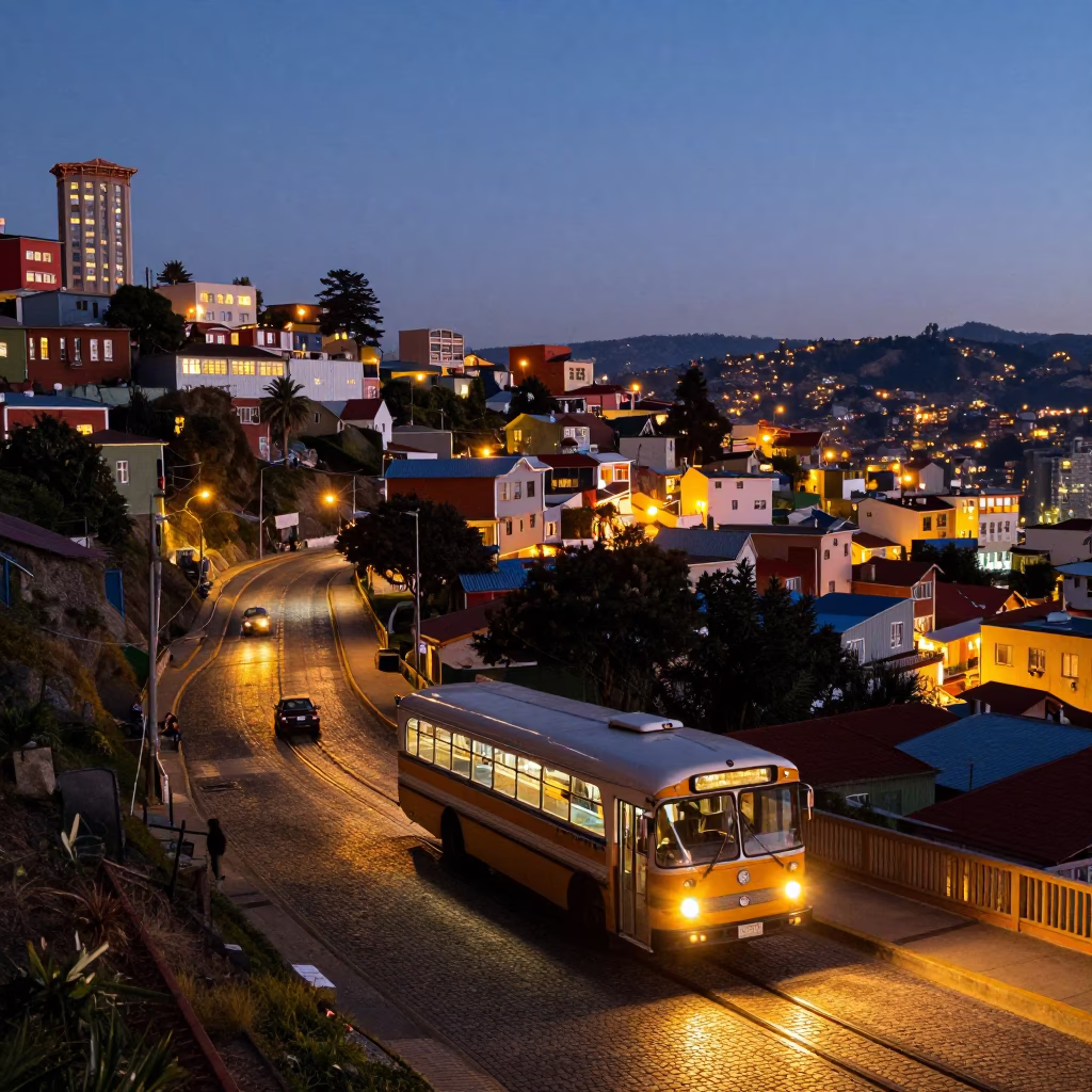 As City Lights Begin To Glow on Street Life in Valparaiso in in Valparaiso, Chile