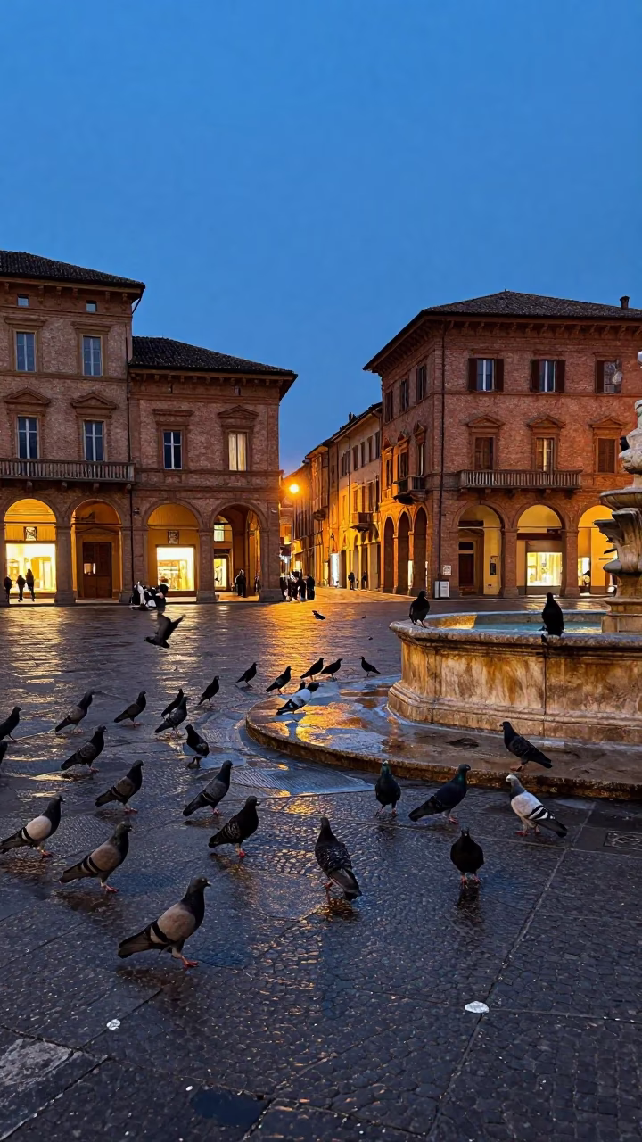 As City Lights Begin To Glow on Street Scene in Bologna in in Bologna, Italy