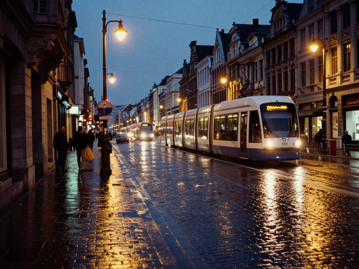 As City Lights Begin To Glow on Street Scene in Brussels in in Brussels, Belgium