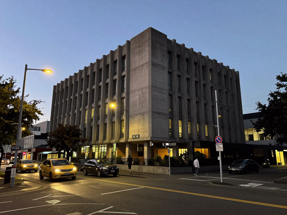 As City Lights Begin To Glow on Street Scene in Christchurch in in Christchurch, New Zealand
