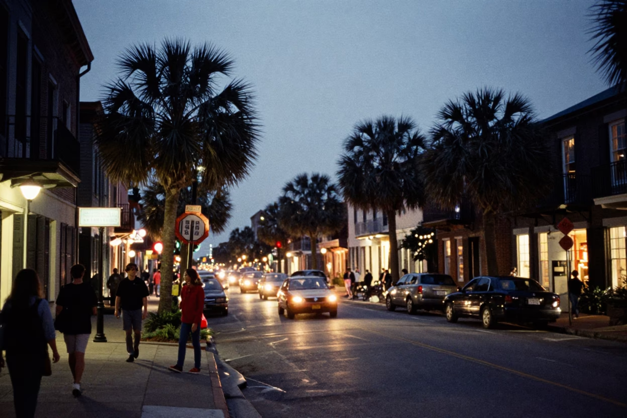 As City Lights Begin To Glow on Street Scene in Charleston in in Charleston, South Carolina, United States