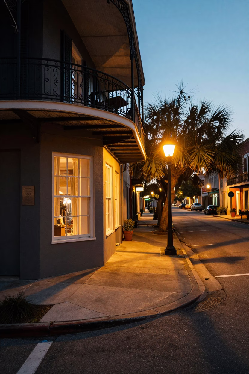 As City Lights Begin To Glow on Street Scene in Charleston in in Charleston, South Carolina, United States
