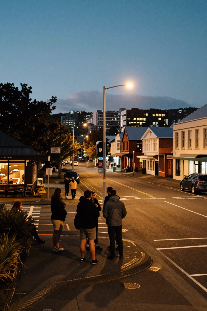 As City Lights Begin To Glow on Street Scene in Christchurch in in Christchurch, New Zealand
