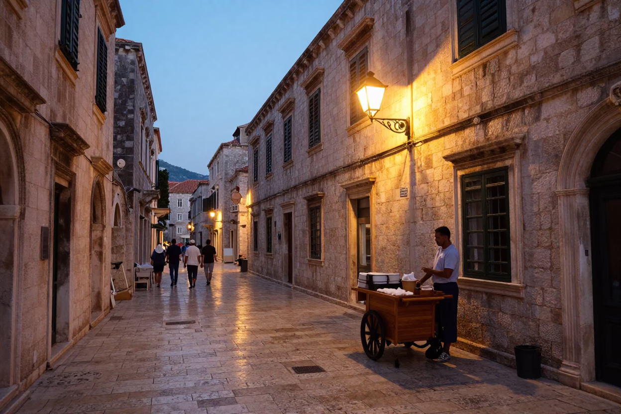 As City Lights Begin To Glow on Street Scene in Dubrovnik in in Dubrovnik, Croatia