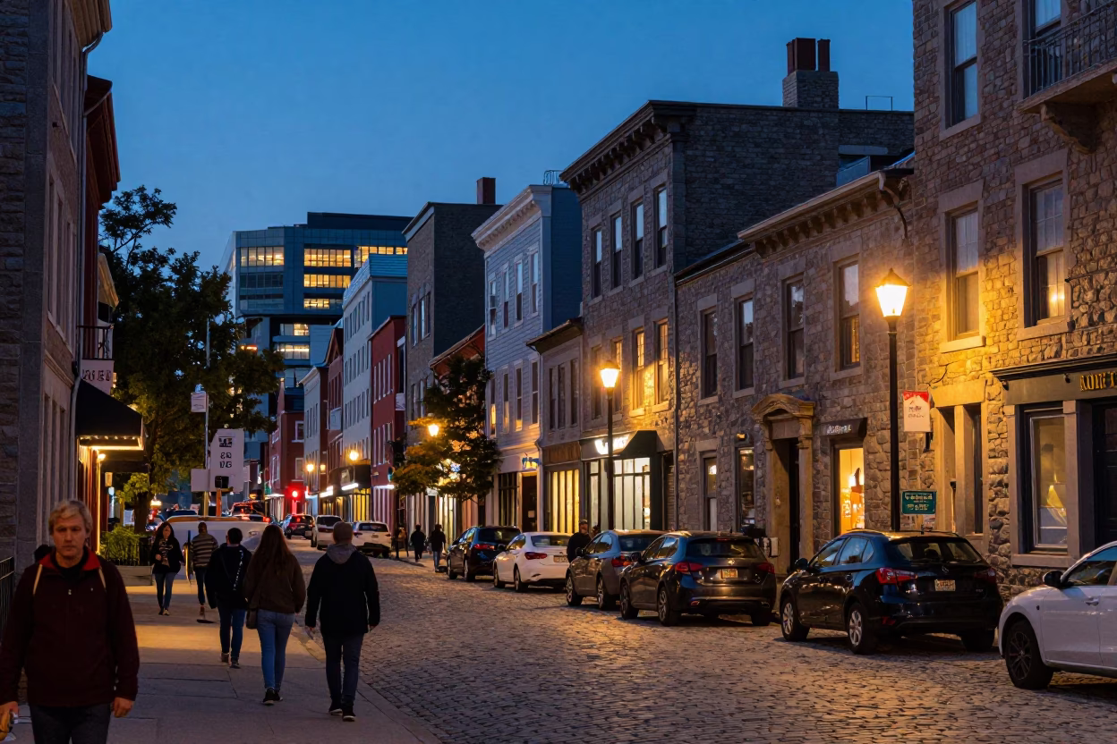 As City Lights Begin To Glow on Street Scene in Halifax in in Halifax, Nova Scotia, Canada