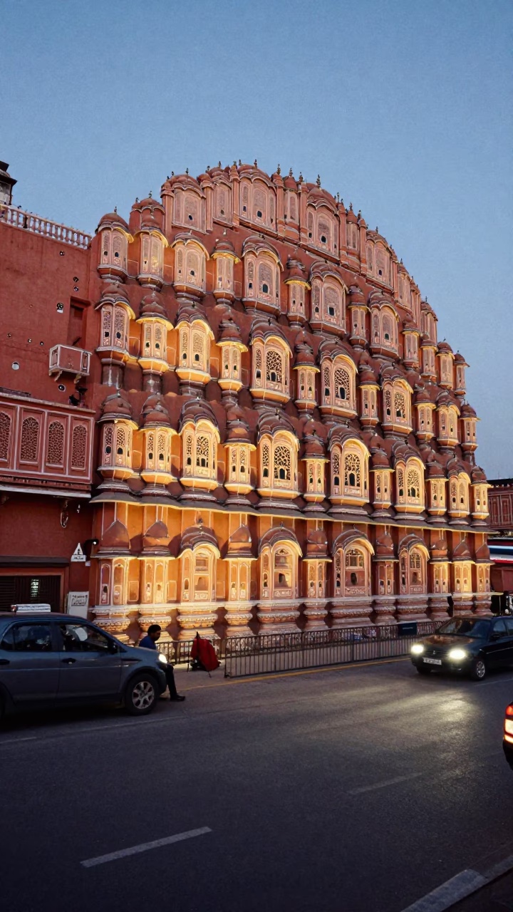 As City Lights Begin To Glow on Street Scene in Jaipur in in Jaipur, India