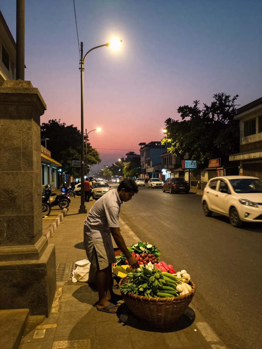 As City Lights Begin To Glow on Street Scene in Kolkata in in Kolkata, India