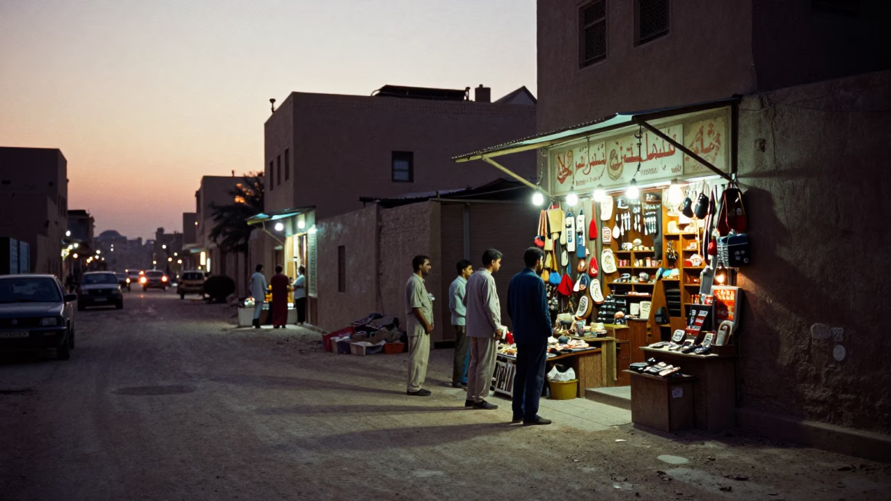 As City Lights Begin To Glow on Street Scene in Luxor in in Luxor, Egypt